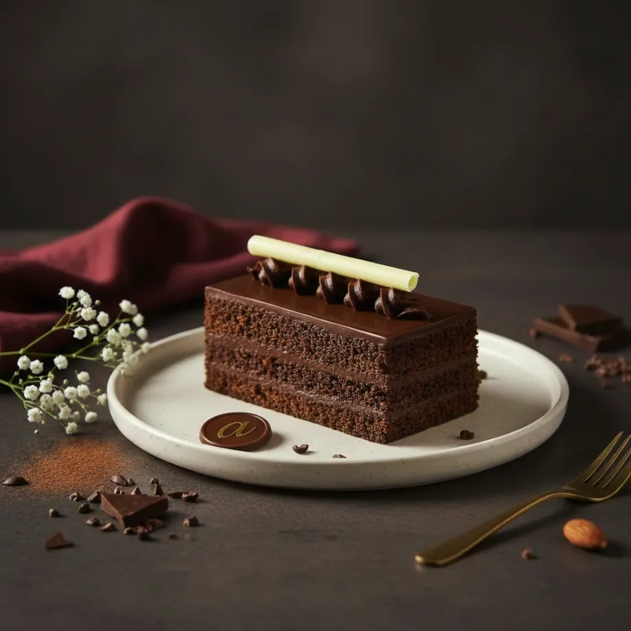 Aubree Patisserie, chocolate slice menu photo, patisserie & celebration cakes food photography by Pleny