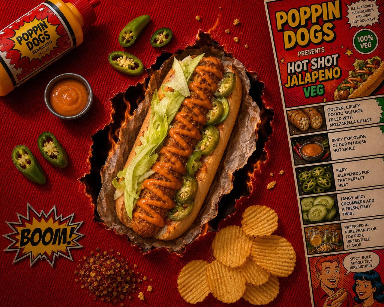 Hot shot jalapeño (veg), loaded hot dogs food photography by Pleny