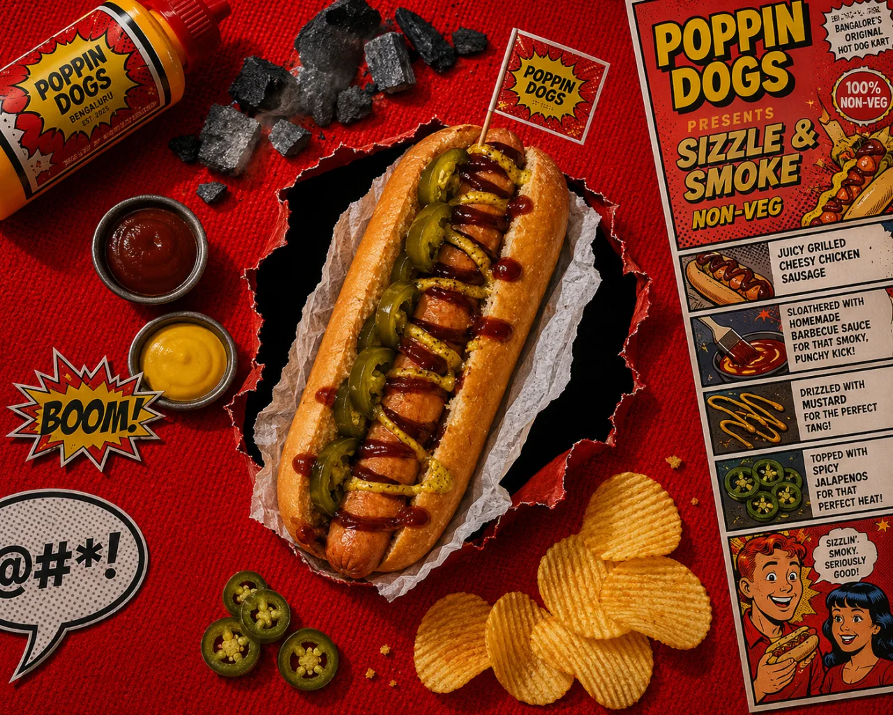 Sizzle & smoke, loaded hot dogs food photography by Pleny
