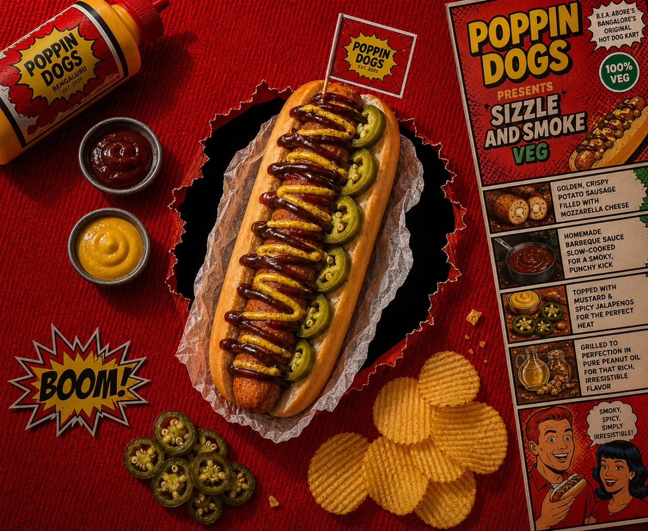 Sizzle & smoke (veg), loaded hot dogs food photography by Pleny