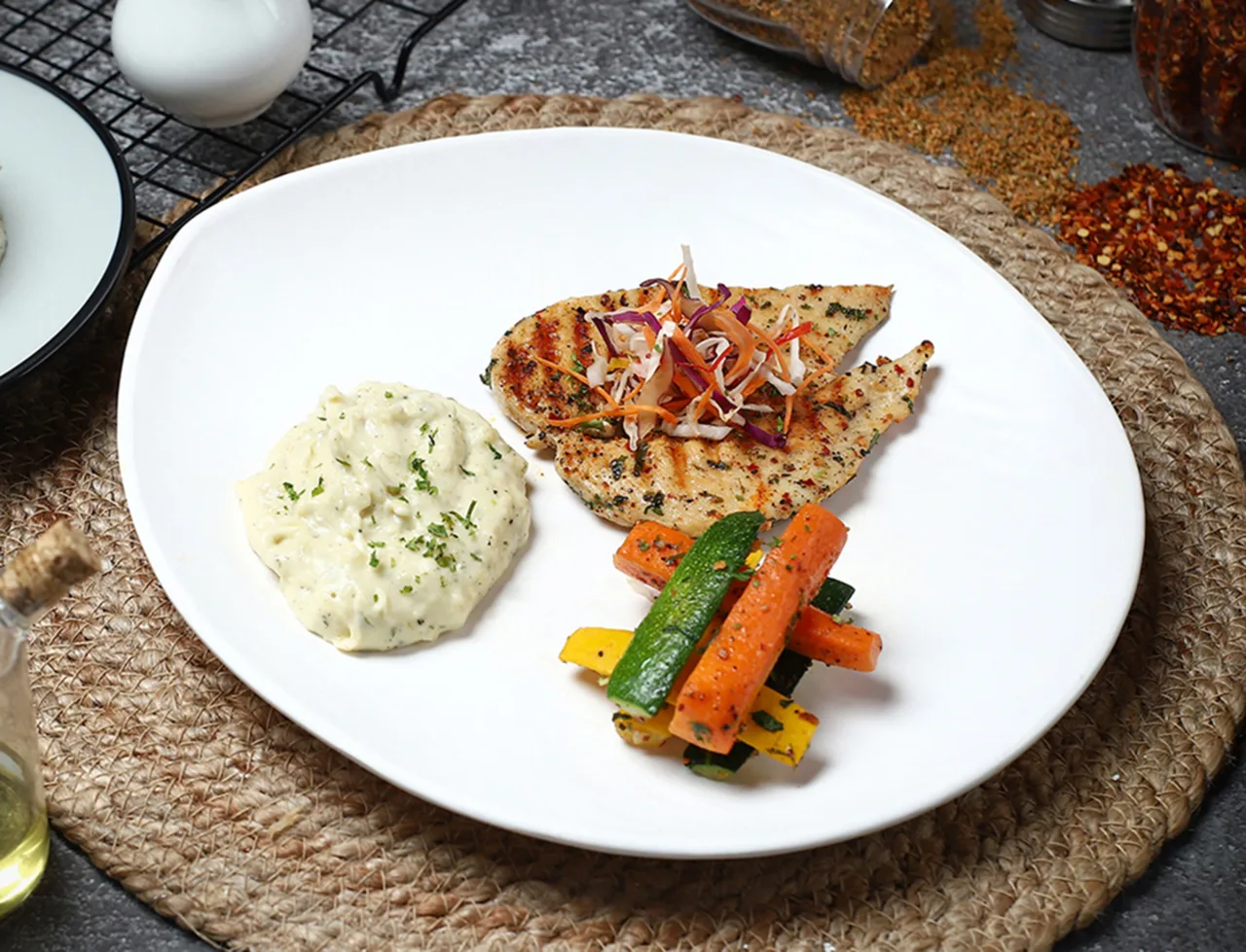 Grilled chicken steak with mash Before