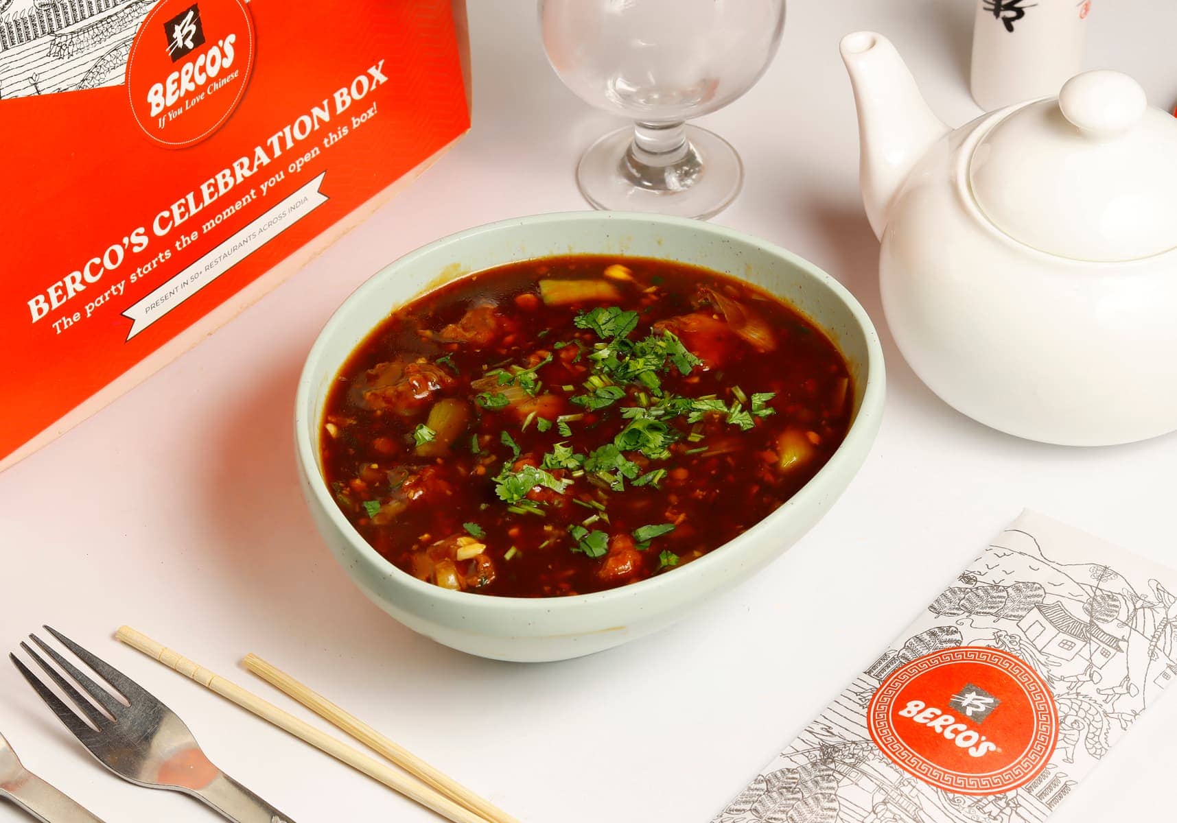 Vibrant celebratory Indo-Chinese diner, supporting dish in this style