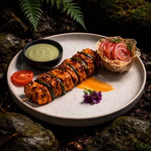 Dramatic nature-immersed restaurant photography, supporting dish in this style