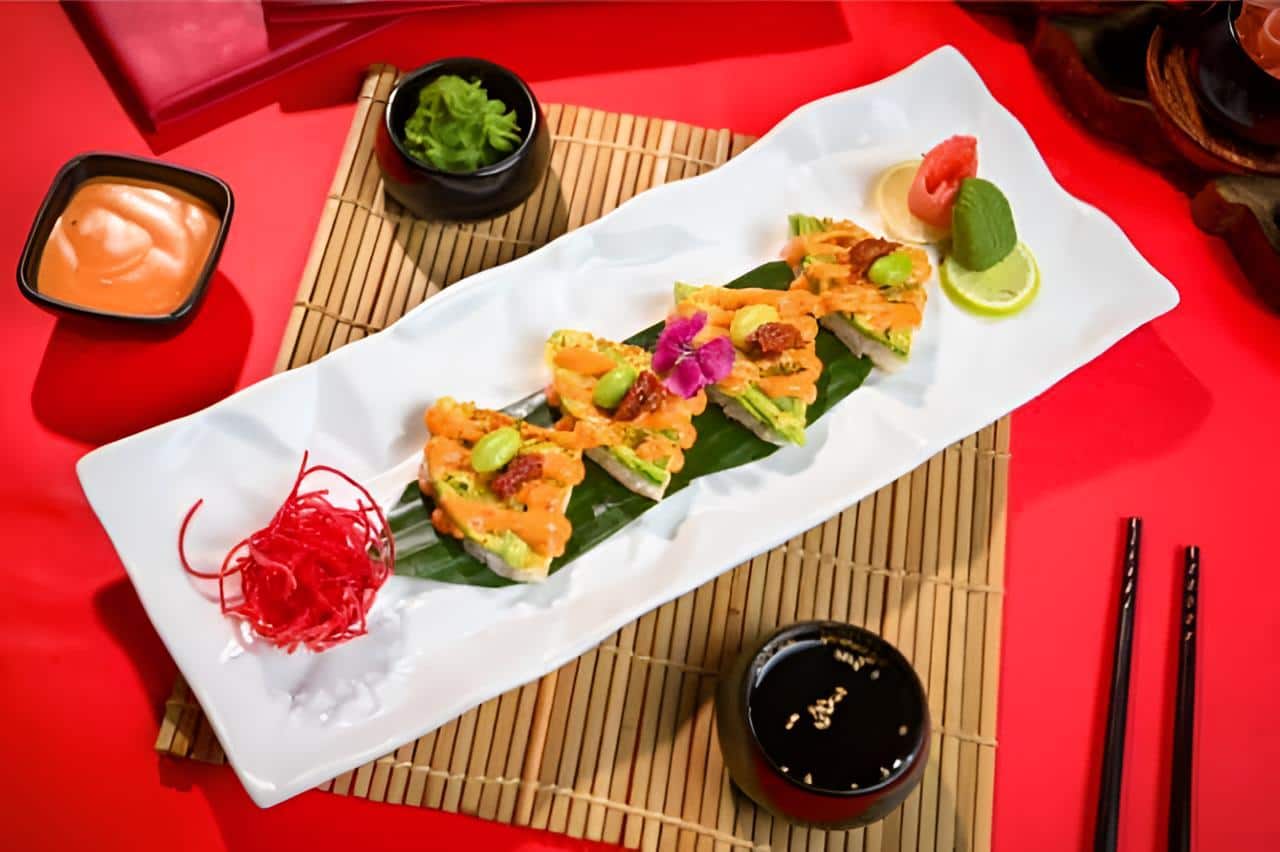 Vibrant upscale pan-Asian restaurant, dish photographed in this style