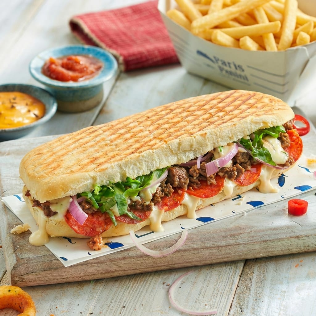 Bright cheerful French street-food café, supporting dish in this style